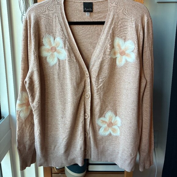 Brown Cardigan Sweater with White Felt Floral Design - Super Soft - Size XL - Picture 6 of 8